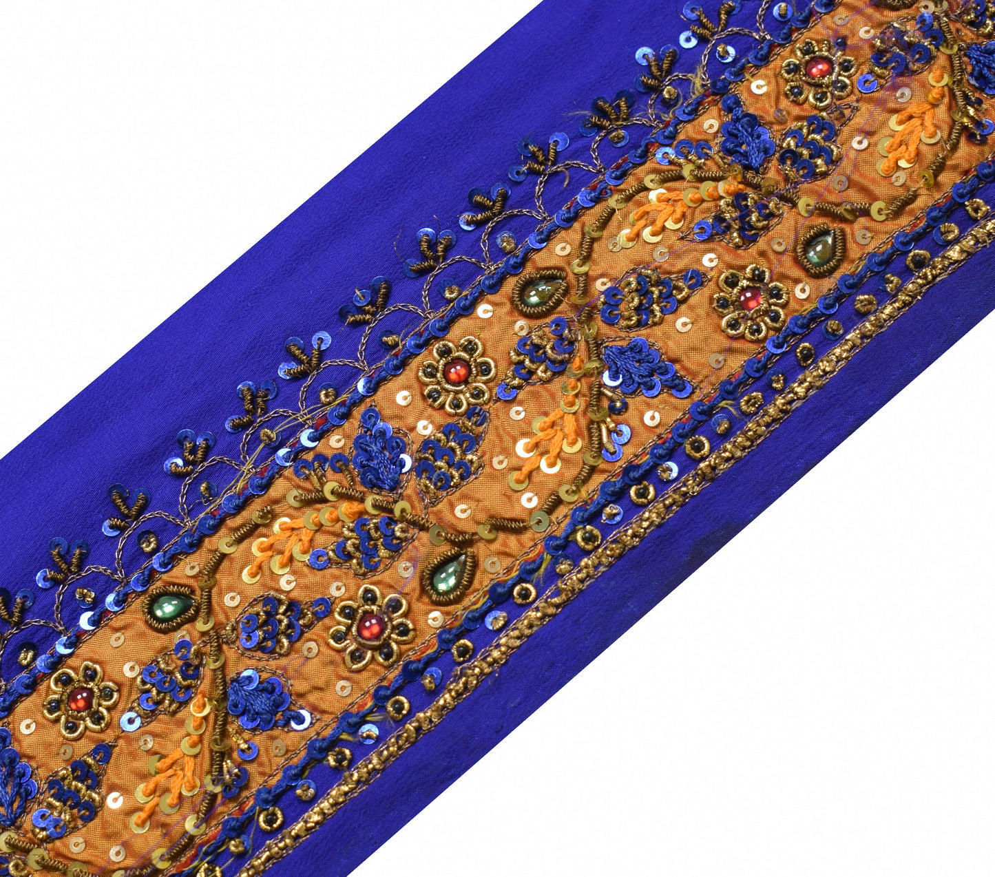 Sushila Vintage Blue Orange Saree Border Hand Beaded Craft Sewing Trim Ribbon