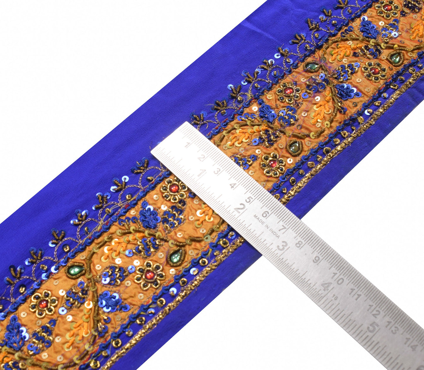 Sushila Vintage Blue Orange Saree Border Hand Beaded Craft Sewing Trim Ribbon