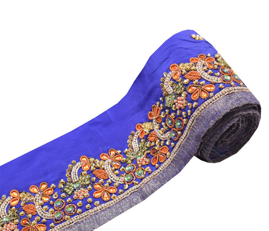 Sushila Vintage Blue Saree Border Hand Beaded Craft Sewing Trim Pure Crepe Lace