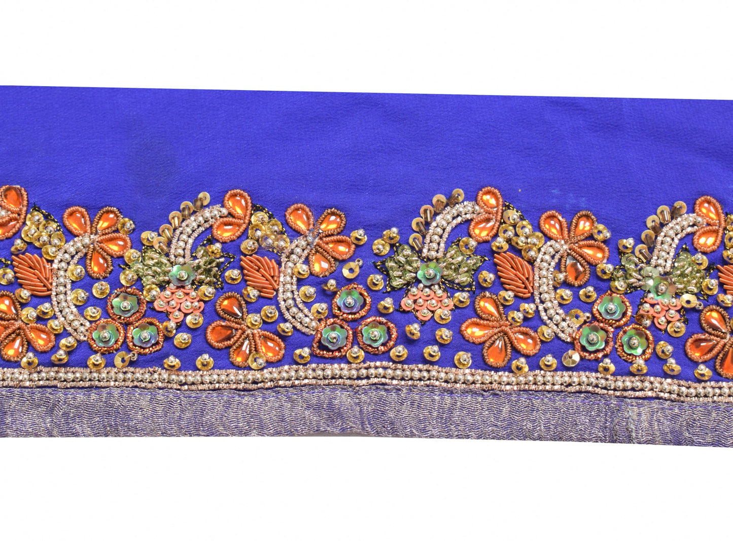 Sushila Vintage Blue Saree Border Hand Beaded Craft Sewing Trim Pure Crepe Lace