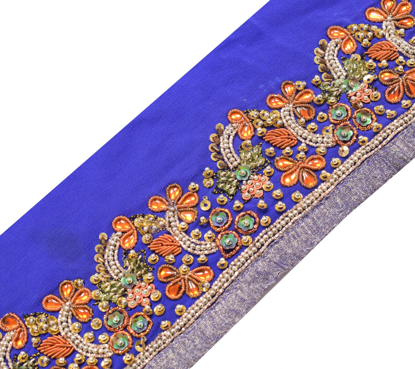 Sushila Vintage Blue Saree Border Hand Beaded Craft Sewing Trim Pure Crepe Lace