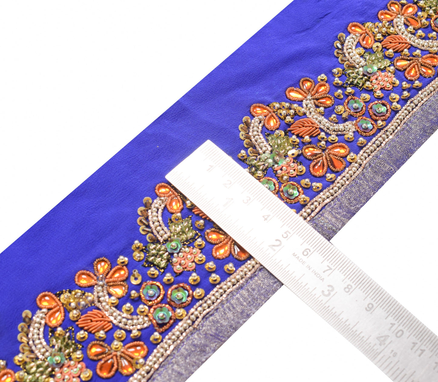 Sushila Vintage Blue Saree Border Hand Beaded Craft Sewing Trim Pure Crepe Lace