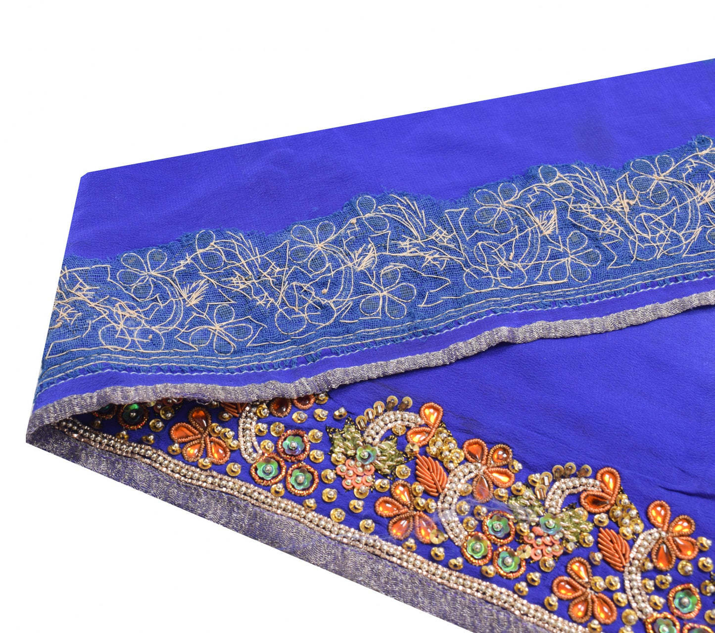 Sushila Vintage Blue Saree Border Hand Beaded Craft Sewing Trim Pure Crepe Lace