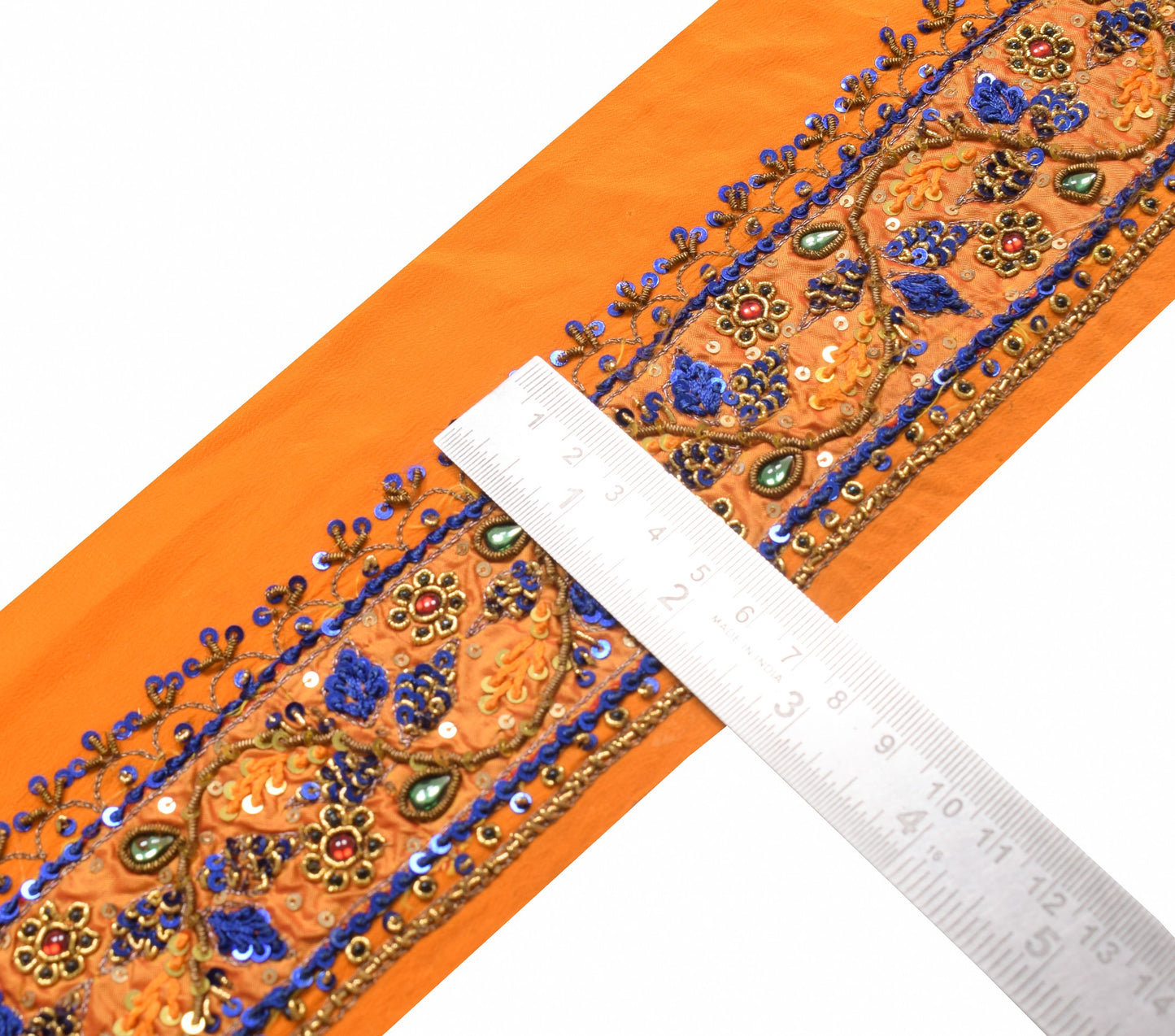 Sushila Vintage Orange Saree Border Indian Craft Sewing Trim Hand Beaded Ribbon