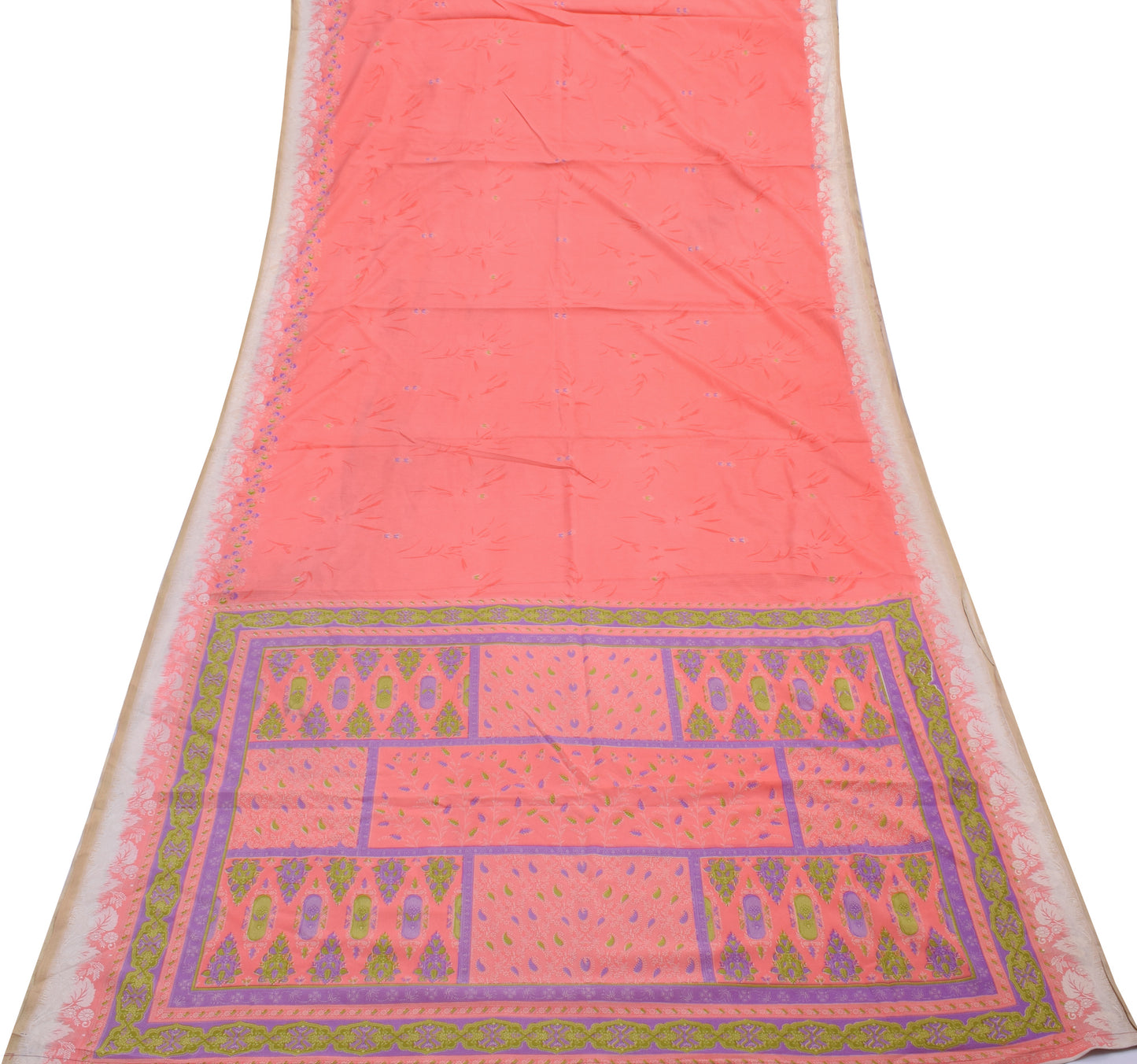 Sushila Vintage Peach Saree Blend Crepe Silk Printed Floral Soft Craft Fabric