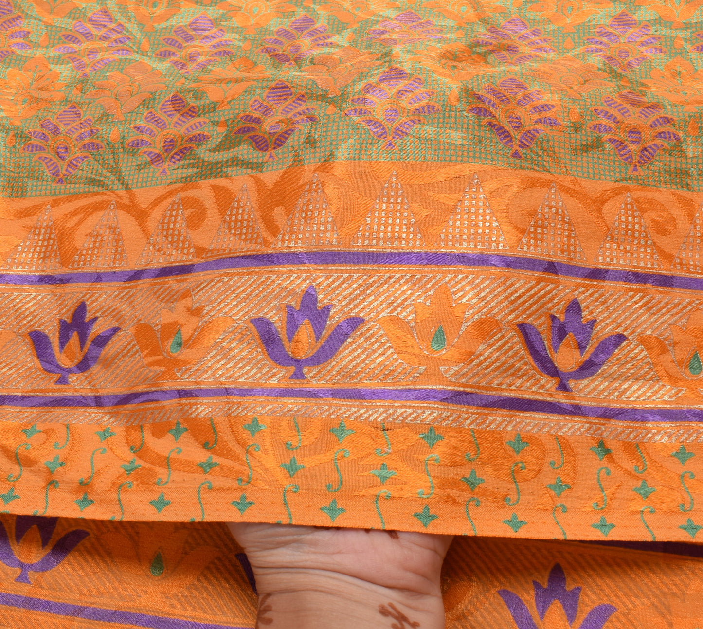 Sushila Vintage Orange Saree Blend Crepe Silk Printed Floral Soft Craft Fabric