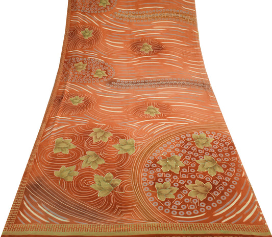 Sushila Vintage Rust Saree Blend Crepe Silk Printed Floral 5YD Soft Craft Fabric