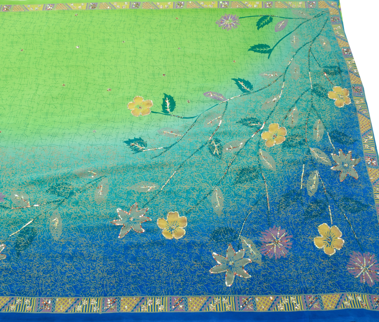 Sushila Vintage Blue & Green Saree Blend Crepe Silk Printed Floral Soft Fabric