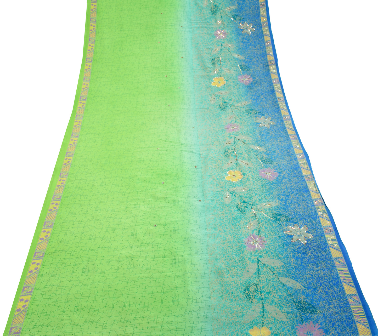 Sushila Vintage Blue & Green Saree Blend Crepe Silk Printed Floral Soft Fabric