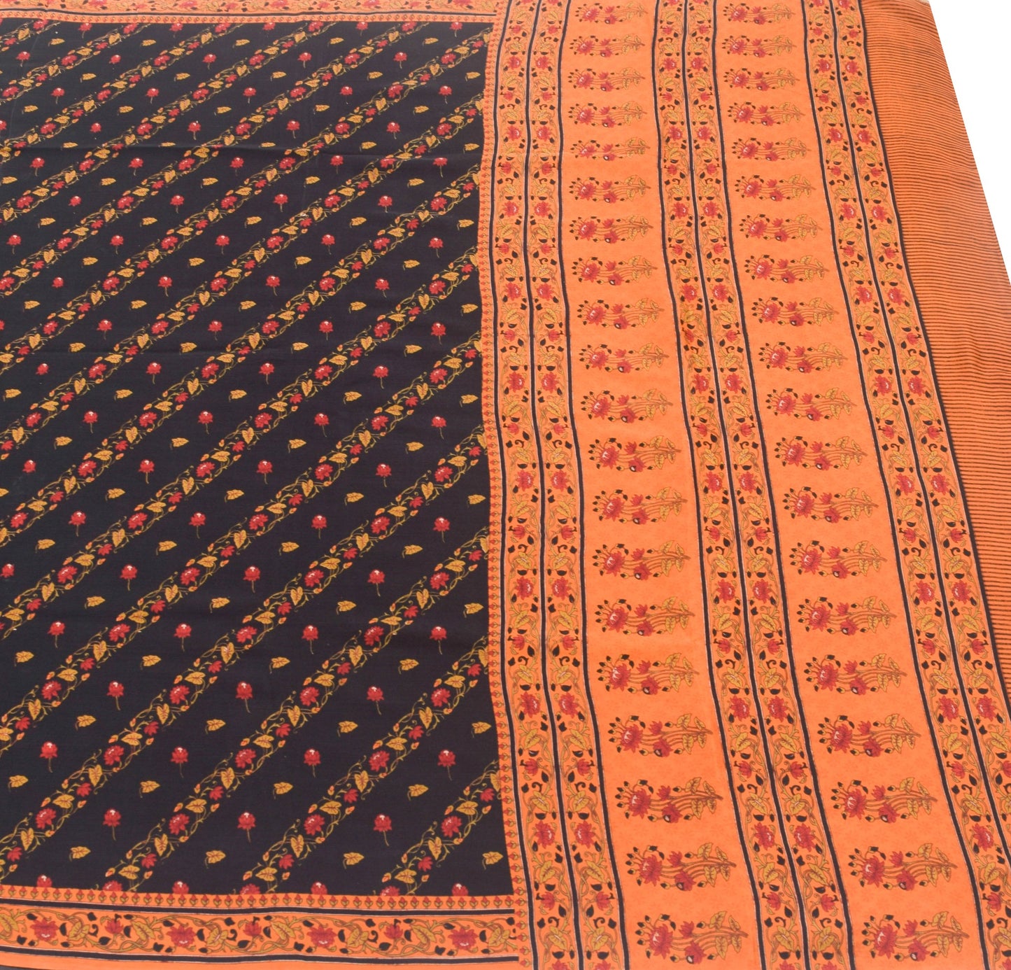 Sushila Vintage Black Rust Floral Saree 100% Pure Crepe Silk Printed Soft Fabric