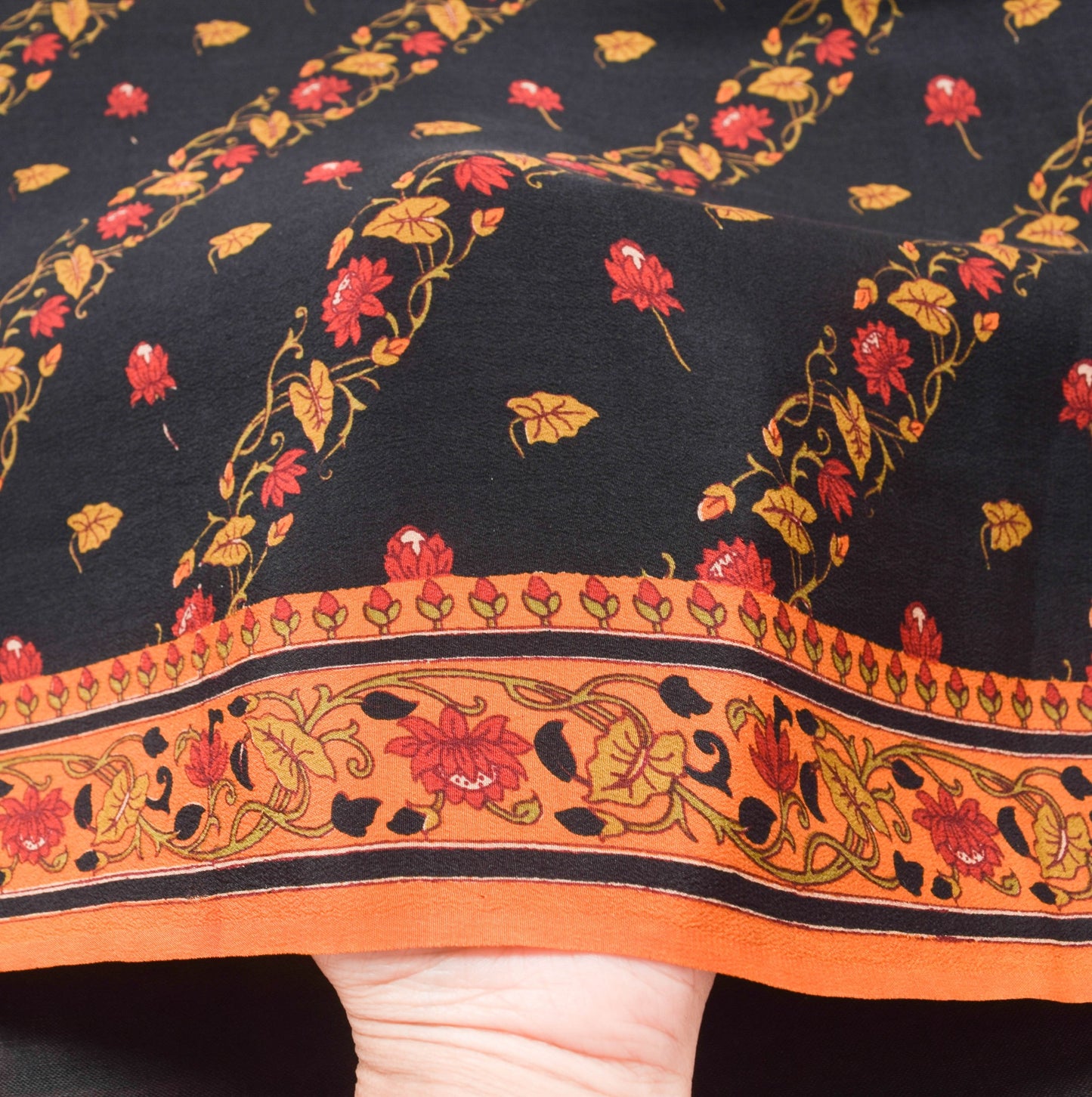 Sushila Vintage Black Rust Floral Saree 100% Pure Crepe Silk Printed Soft Fabric