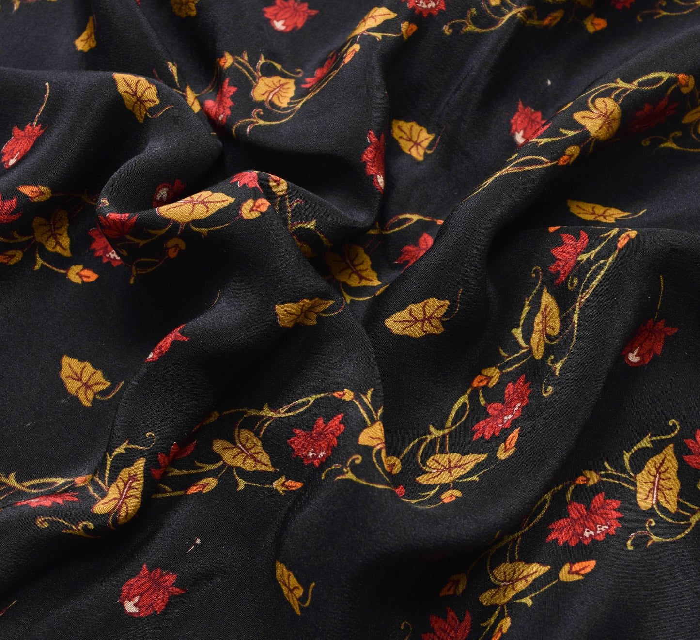 Sushila Vintage Black Rust Floral Saree 100% Pure Crepe Silk Printed Soft Fabric