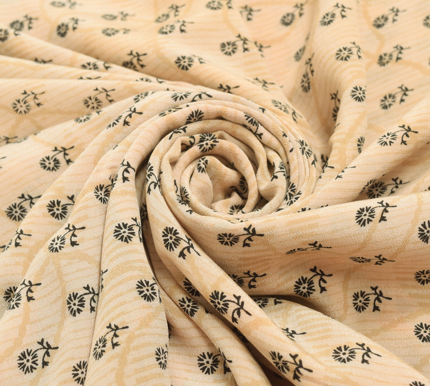 Sushila Vintage Saree 100%Pure Crepe Silk Printed Beige Floral Soft Craft Fabric