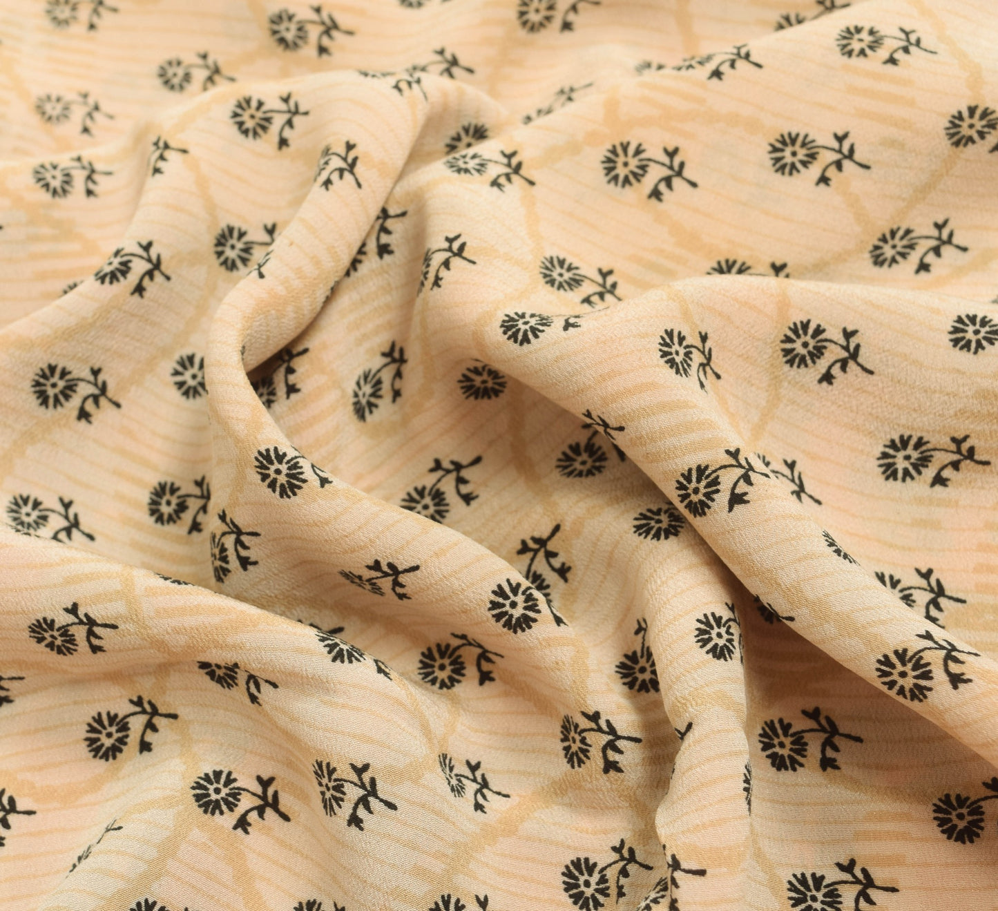 Sushila Vintage Saree 100%Pure Crepe Silk Printed Beige Floral Soft Craft Fabric