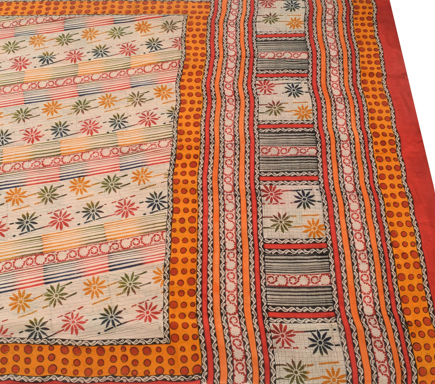 Sushila Vintage Saree 100% Pure Crepe Silk Hand Block Printed Floral Soft Fabric