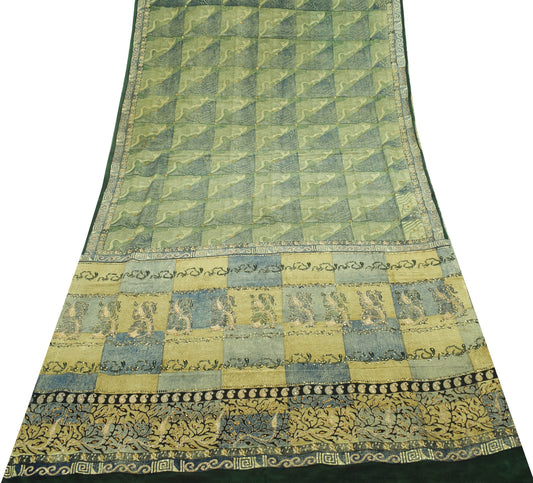 Sushila Vintage Green Saree 100% Pure Crepe Silk Printed Aari Work Soft Fabric