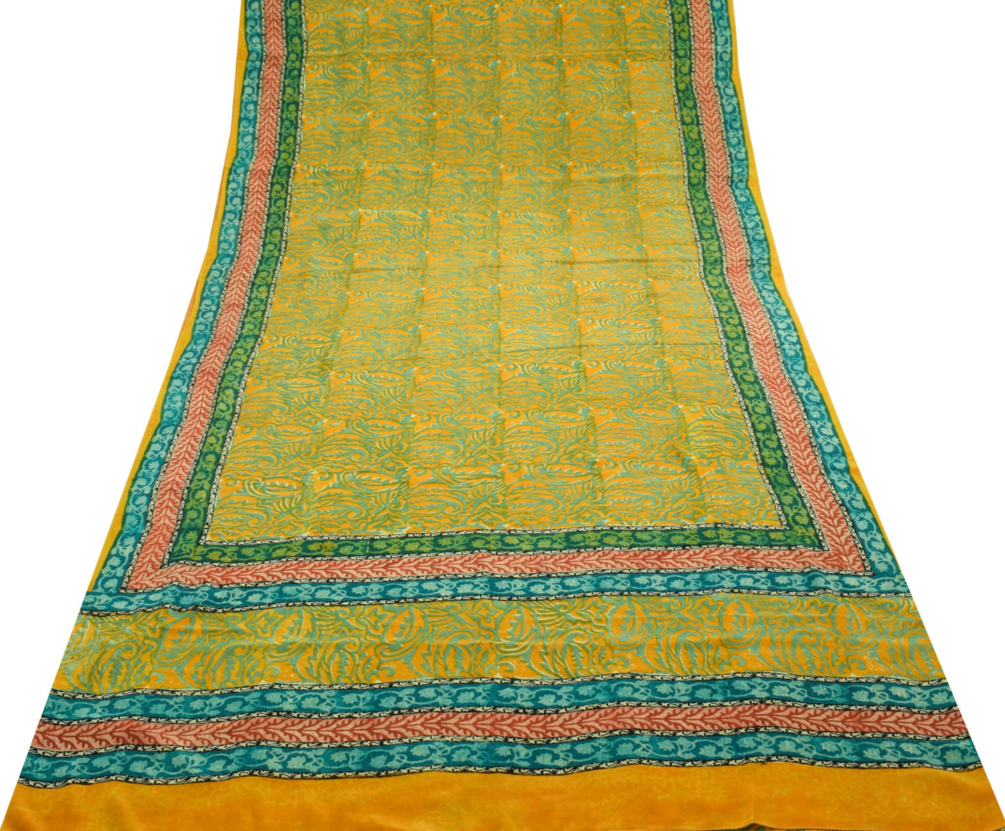 Sushila Vintage Yellow Saree Pure Crepe Silk Hand Printed Paisley Soft Fabric