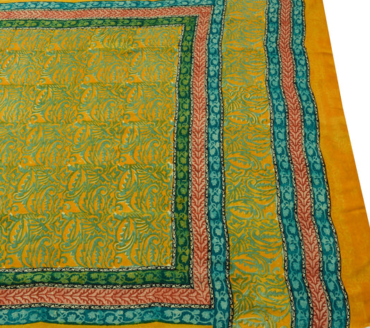 Sushila Vintage Yellow Saree Pure Crepe Silk Hand Printed Paisley Soft Fabric