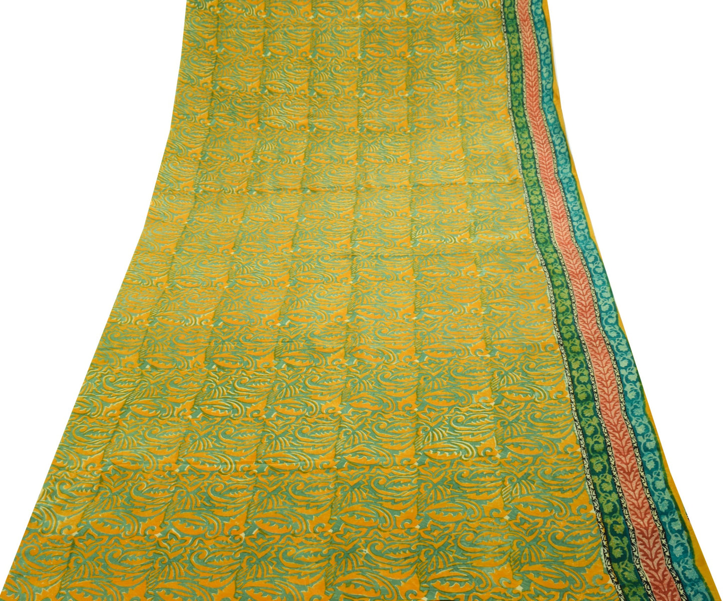 Sushila Vintage Yellow Saree Pure Crepe Silk Hand Printed Paisley Soft Fabric