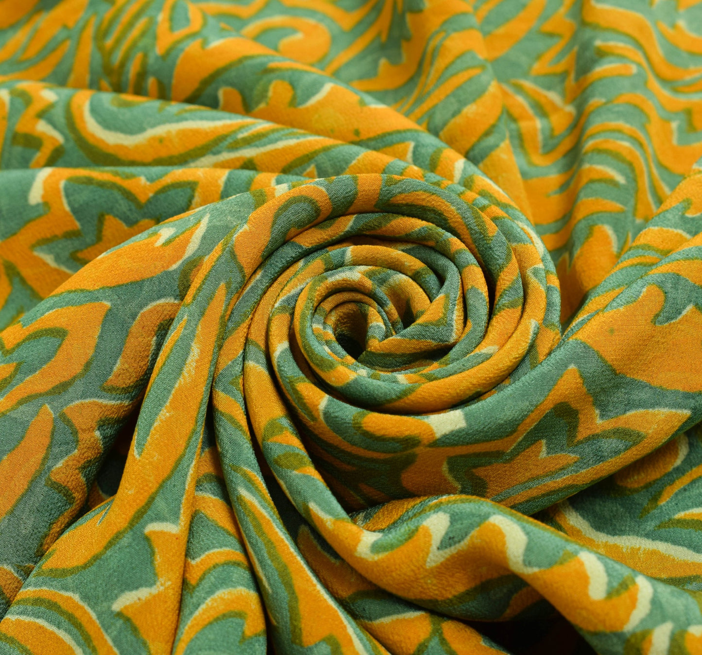 Sushila Vintage Yellow Saree Pure Crepe Silk Hand Printed Paisley Soft Fabric