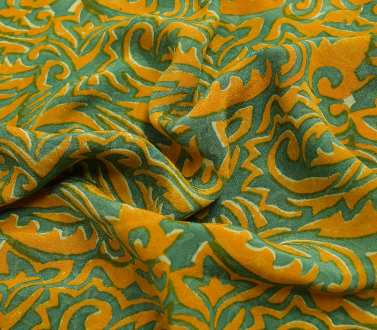 Sushila Vintage Yellow Saree Pure Crepe Silk Hand Printed Paisley Soft Fabric