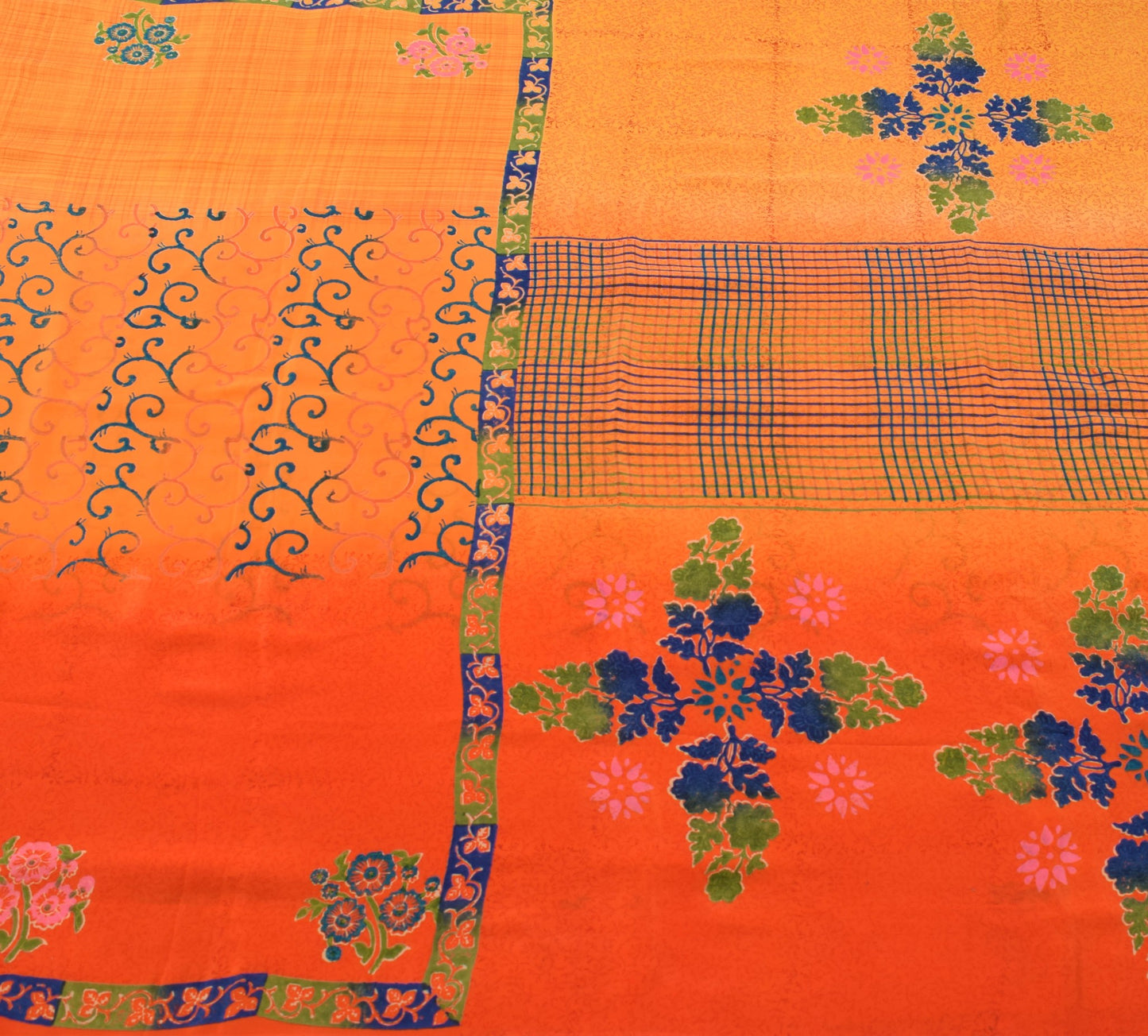 Sushila Vintage Dark Orange Saree Pure Crepe Silk Printed Floral Soft Fabric