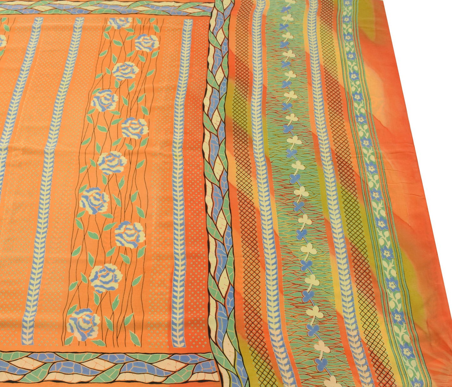 Sushila Vintage Orange Green Saree Pure Crepe Silk Polka Dot Printed Soft Fabric