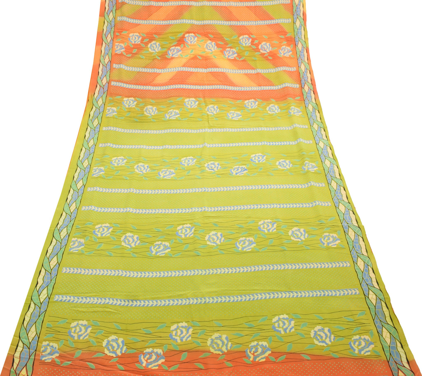 Sushila Vintage Orange Green Saree Pure Crepe Silk Polka Dot Printed Soft Fabric