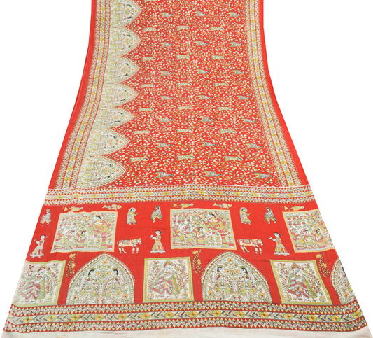 Sushila Vintage Red Saree 100% Pure Cotton Madhubani Printed Soft Craft Fabric