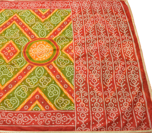 Sushila Vintage Red & Green Saree 100% Pure Cotton Bandhani Printed Craft Fabric