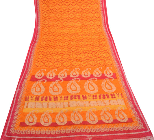 Sushila Vintage Dark Orange Indian Saree 100% Pure Cotton Printed Craft Fabric