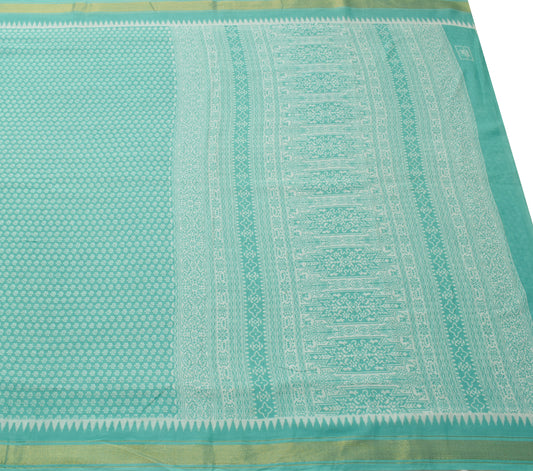 Sushila Vintage Aqua Saree 100% Pure Cotton Printed Floral Soft Craft Fabric