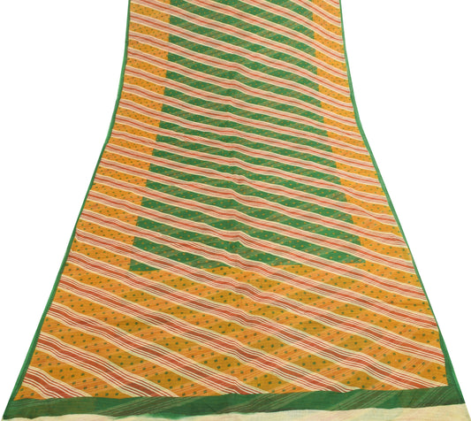 Sushila Vintage Green Indian Saree 100%Pure Cotton Bandhani Printed Craft Fabric