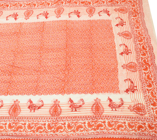 Sushila Vintage Orange Saree 100% Pure Cotton Hand Block Printed Soft Fabric