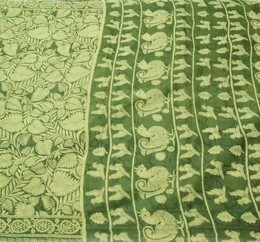 Sushila Vintage Saree 100% Pure Cotton Green Kalamkari Printed Craft Fabric