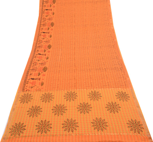 Sushila Vintage Orange Saree 100% Pure Cotton Warli Printed Soft Craft Fabric