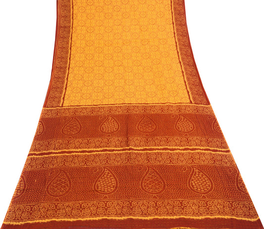 Sushila Vintage Orange Soft Saree 100% Pure Cotton Bandhani Printed Craft Fabric