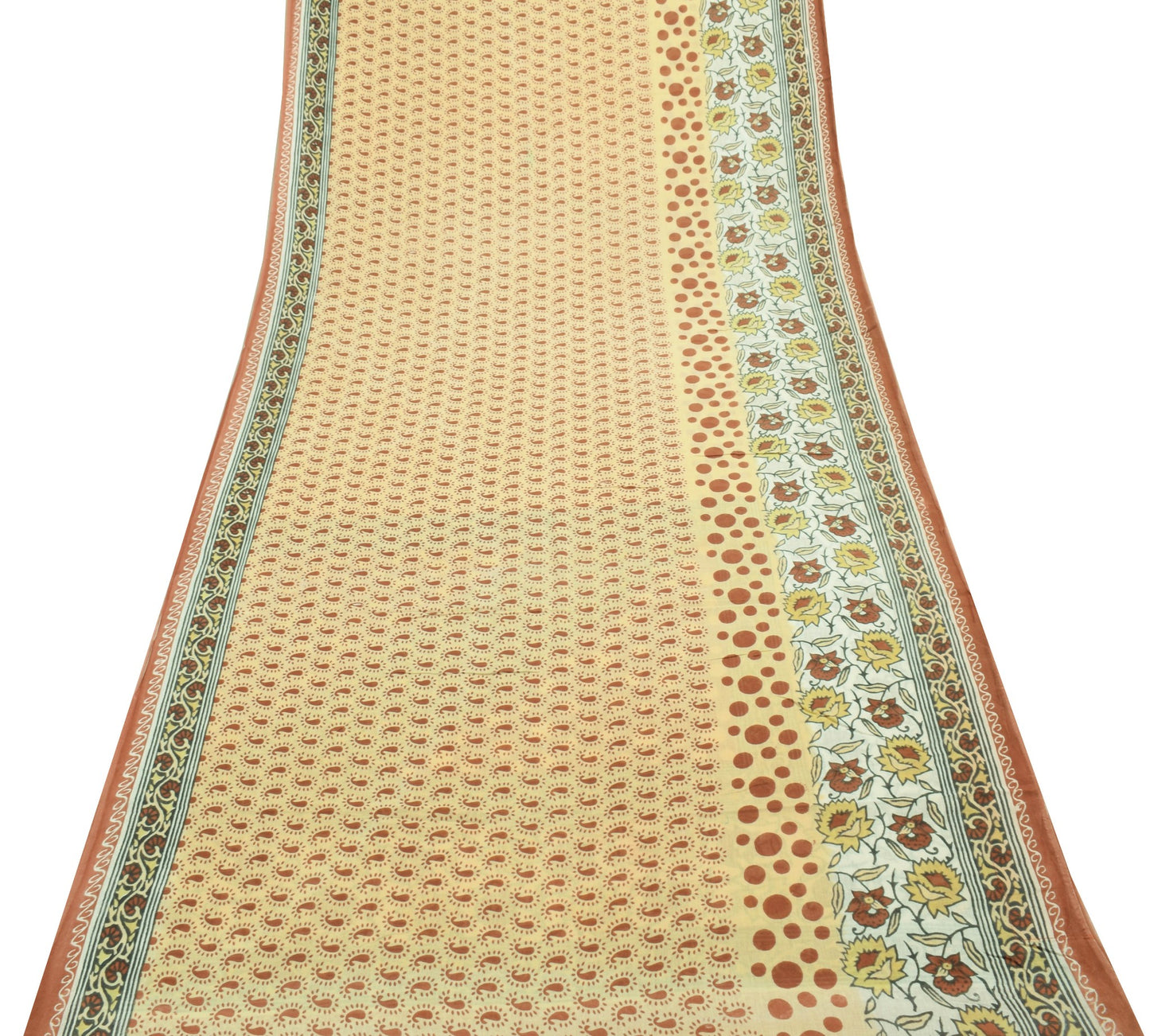 Sushila Vintage Cream Scrap Saree 100% Pure Cotton Printed Paisley Sari Fabric