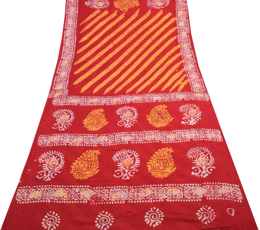 Sushila Vintage Red Yellow Saree 100%Pure Cotton Batik Printed Soft Craft Fabric