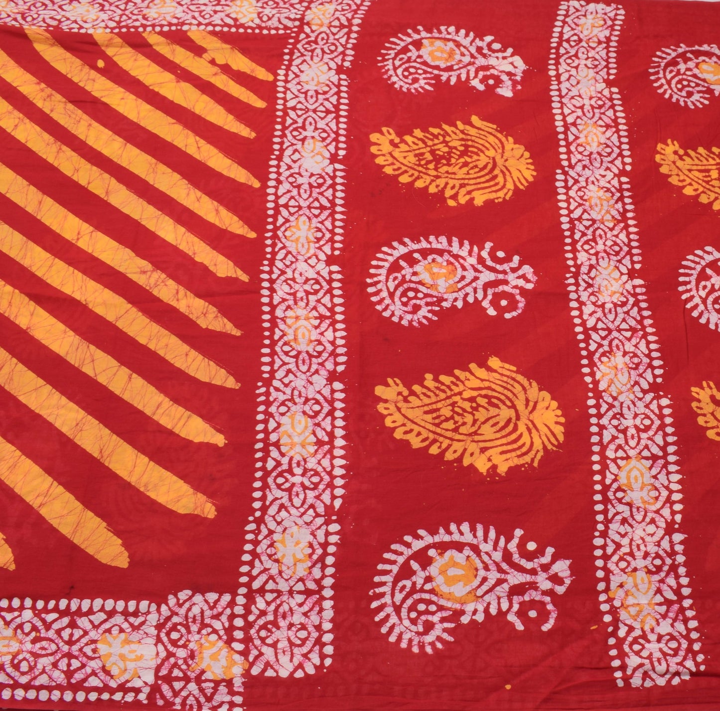 Sushila Vintage Red Yellow Saree 100%Pure Cotton Batik Printed Soft Craft Fabric