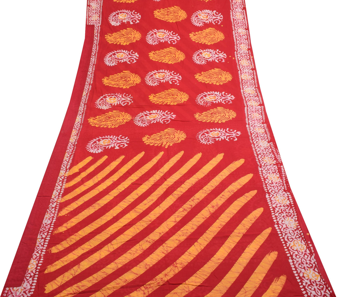 Sushila Vintage Red Yellow Saree 100%Pure Cotton Batik Printed Soft Craft Fabric