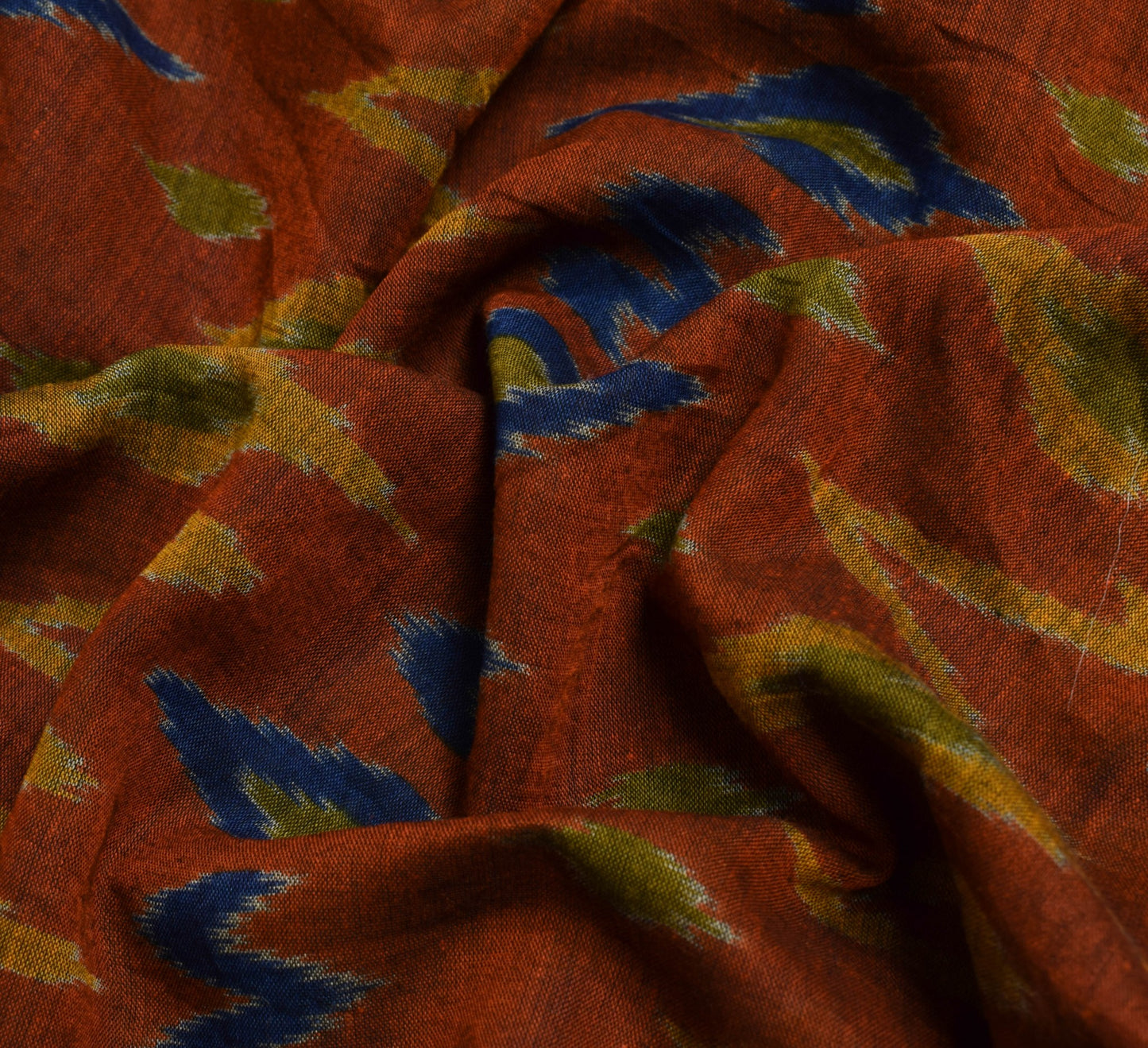 Sushila Vintage Dark Rust Saree 100% Pure Cotton Ikat Printed Soft Craft Fabric