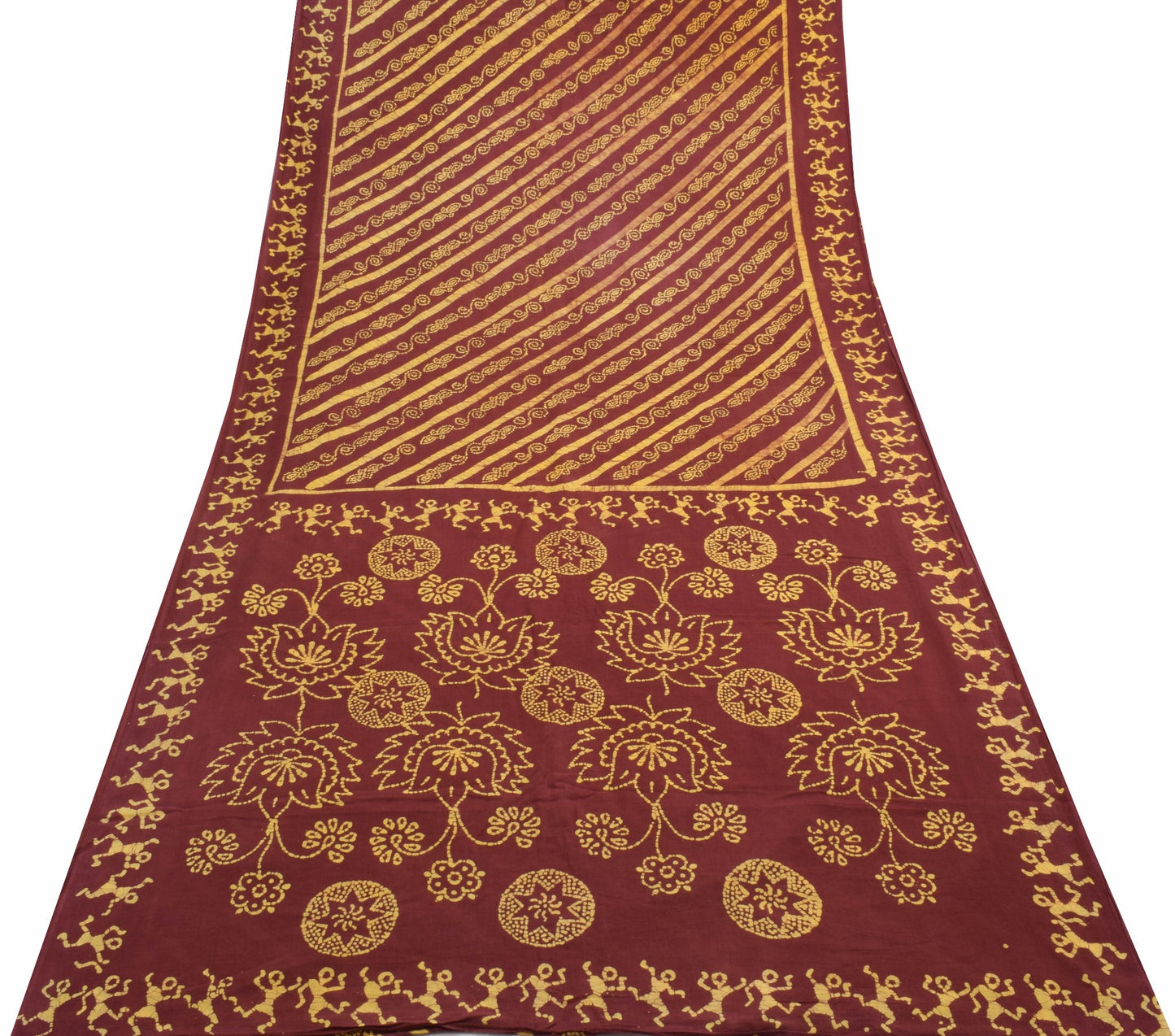 Sushila Vintage Maroon Saree 100% Pure Cotton Batik Printed Soft Craft Fabric