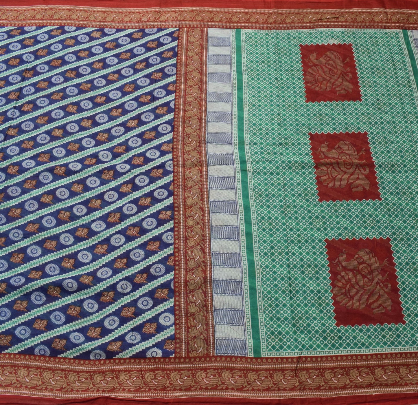 Sushila Vintage Blue Woven Saree 100% Pure Cotton Birds Printed Craft Fabric