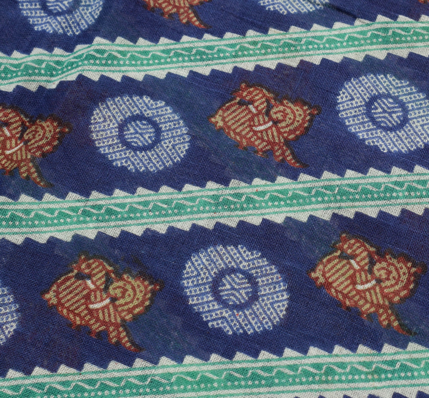 Sushila Vintage Blue Woven Saree 100% Pure Cotton Birds Printed Craft Fabric