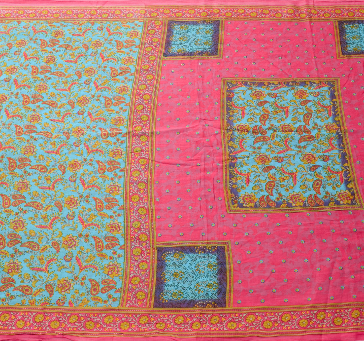 Sushila Vintage Aqua Blue Saree Pure Cotton Printed Paisley Soft Craft Fabric