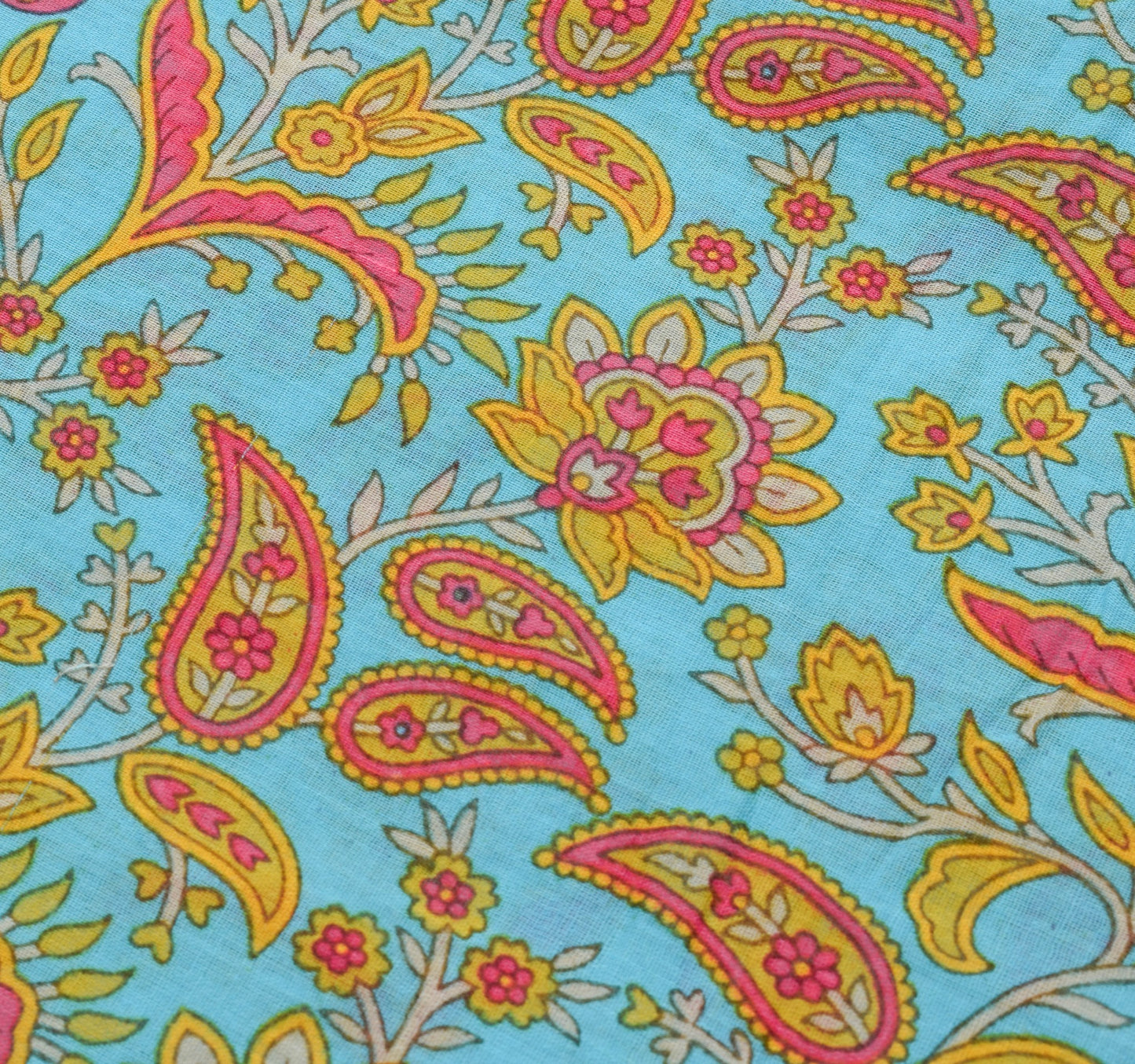 Sushila Vintage Aqua Blue Saree Pure Cotton Printed Paisley Soft Craft Fabric