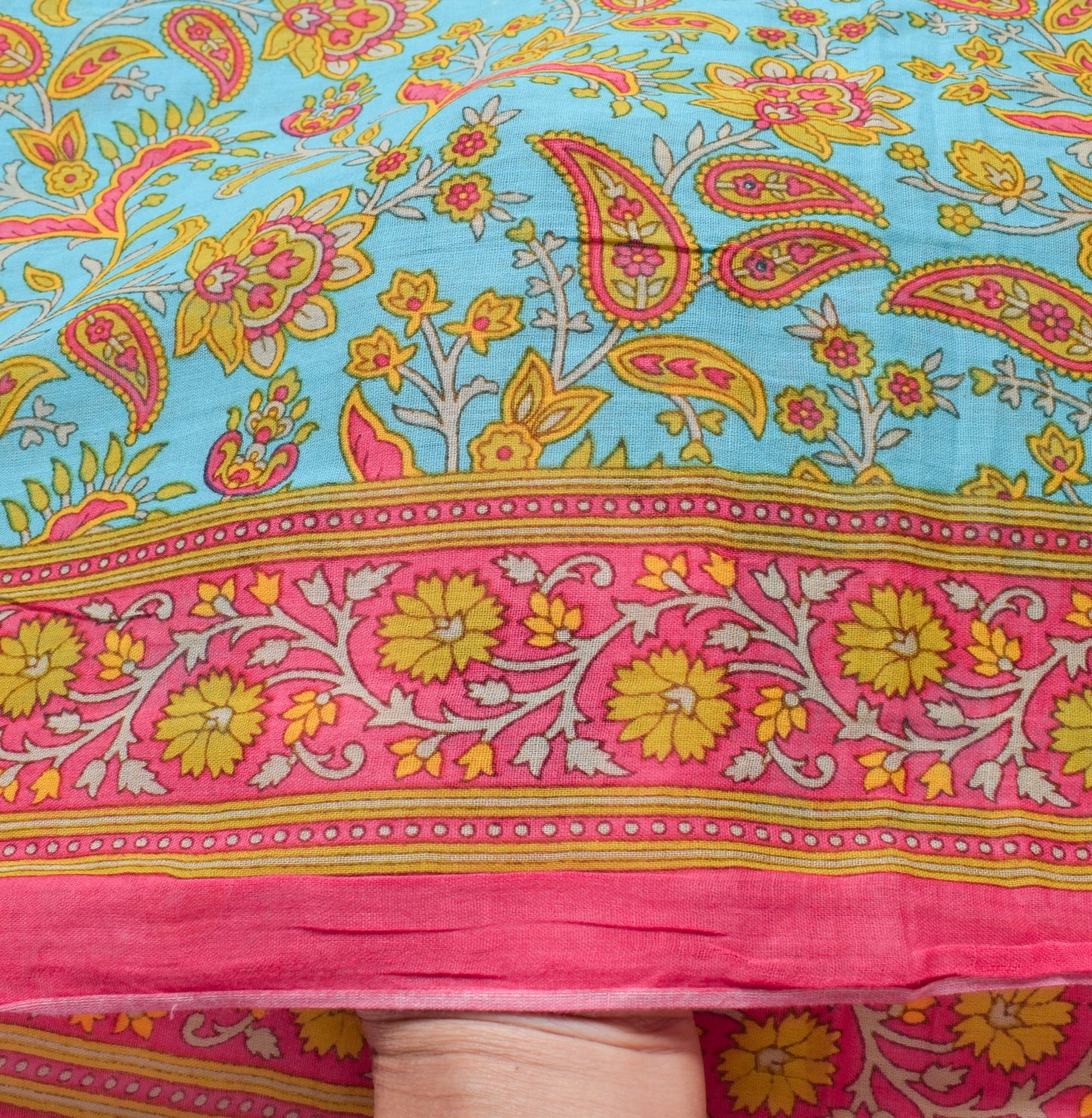 Sushila Vintage Aqua Blue Saree Pure Cotton Printed Paisley Soft Craft Fabric