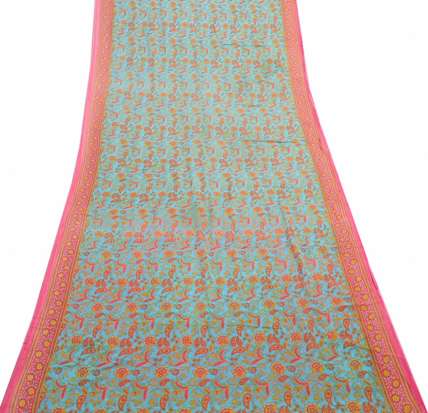 Sushila Vintage Aqua Blue Saree Pure Cotton Printed Paisley Soft Craft Fabric