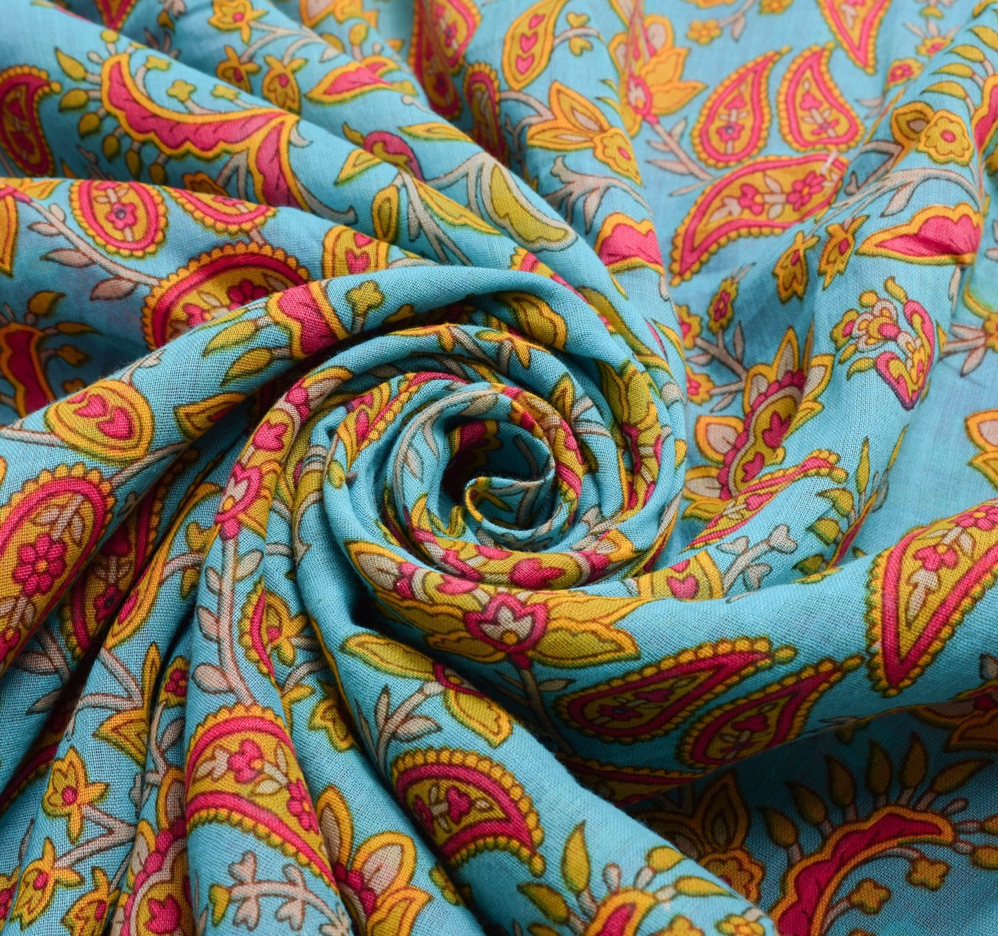 Sushila Vintage Aqua Blue Saree Pure Cotton Printed Paisley Soft Craft Fabric